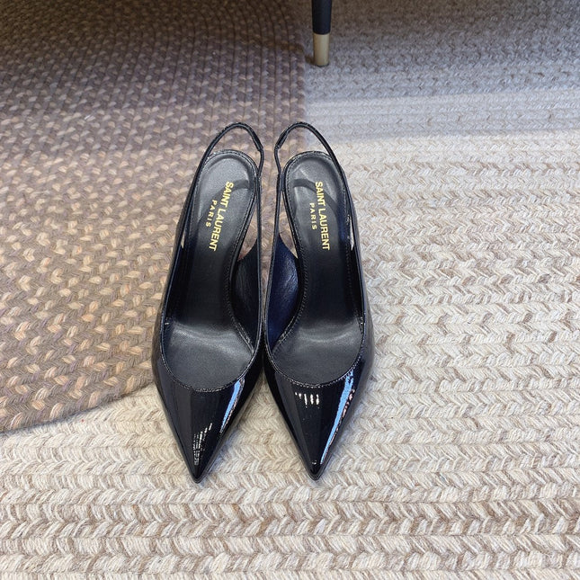 OPYUM RED HEEL SLINGBACK PUMPS IN BLACK GLOSSY CALFSKIN
