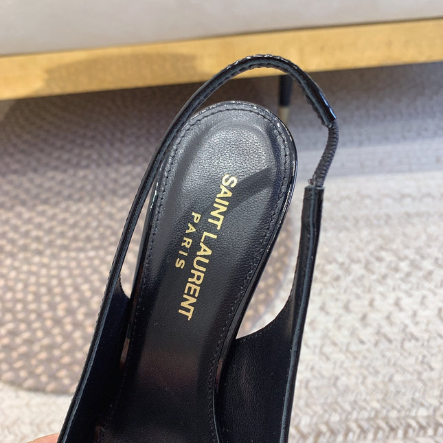 OPYUM SILVER HEEL SLINGBACK PUMPS IN BLACK GLOSSY CALFSKIN