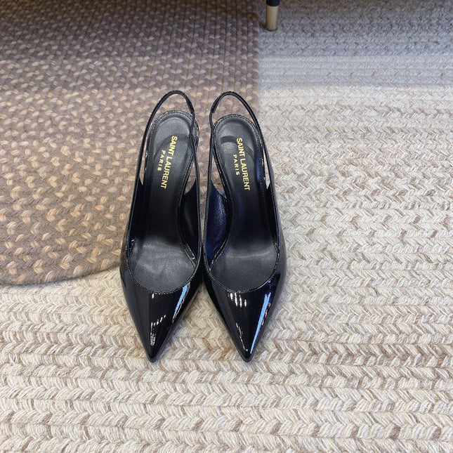 OPYUM BLACK HEEL SLINGBACK PUMPS IN BLACK GLOSSY CALFSKIN