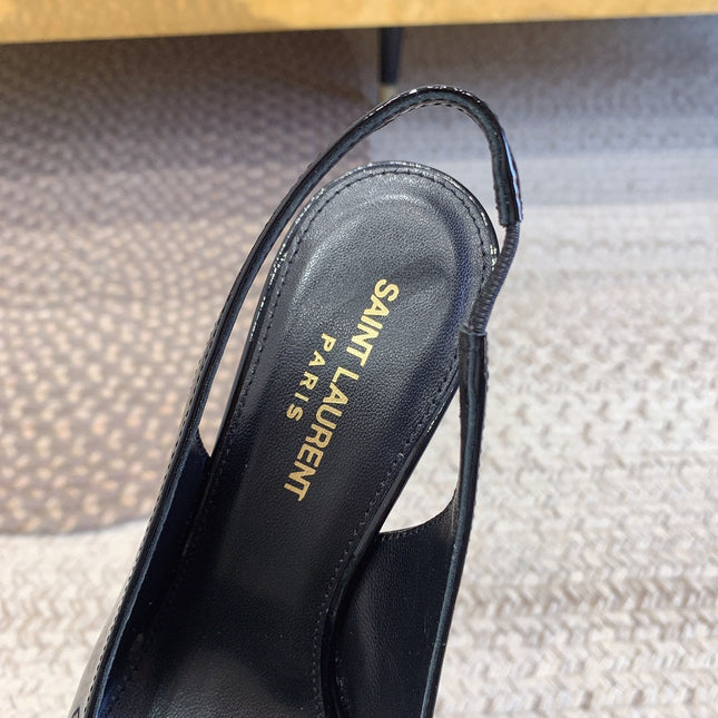 OPYUM BLACK HEEL SLINGBACK PUMPS IN BLACK GLOSSY CALFSKIN