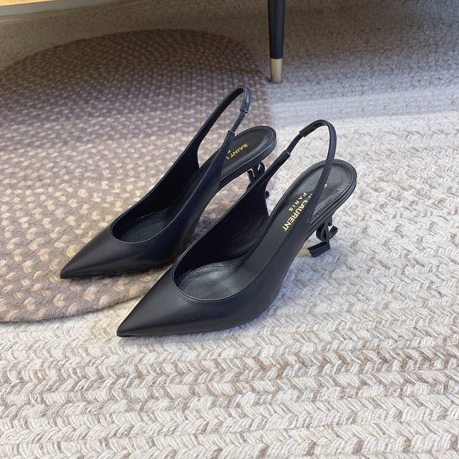 OPYUM BLACK HEEL SLINGBACK PUMPS IN BLACK SMOOTH LAMBSKIN