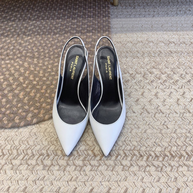 OPYUM BLACK HEEL SLINGBACK PUMPS IN WHITE SMOOTH LAMBSKIN
