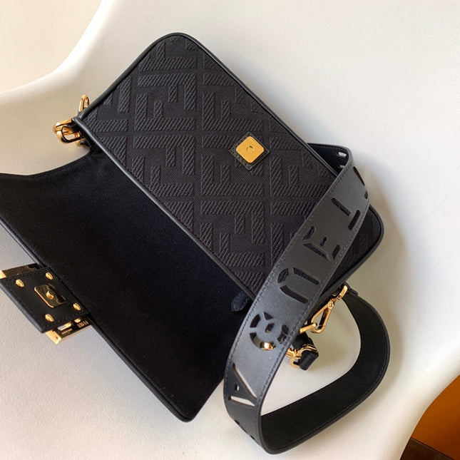 Fend Baguette Black Canvas Bag 27 with FF Embroidery Ghw