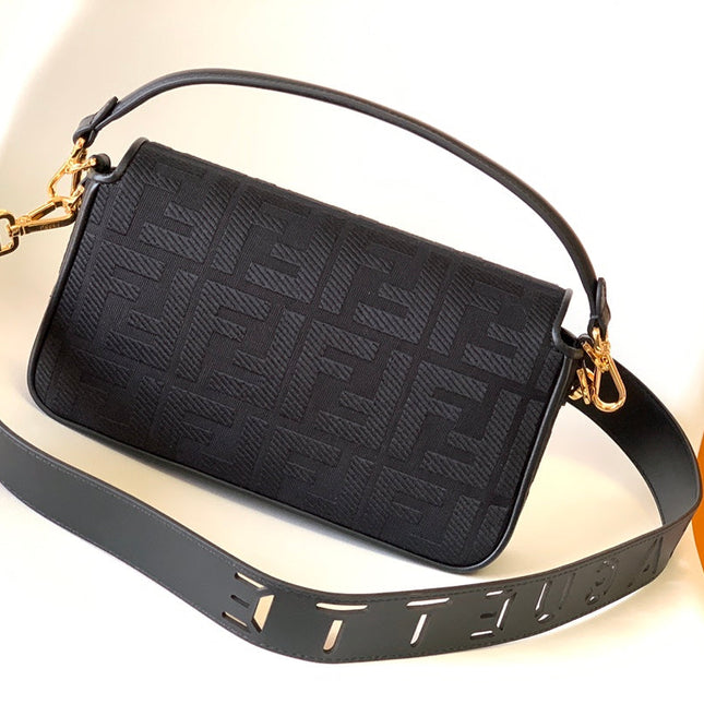 Fend Baguette Black Canvas Bag 27 with FF Embroidery Ghw