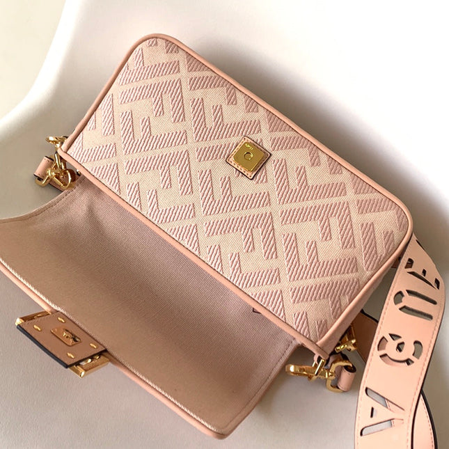 Fend Baguette Pink Canvas Bag 27 with FF Embroidery Ghw