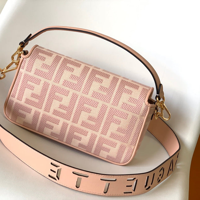 Fend Baguette Pink Canvas Bag 27 with FF Embroidery Ghw