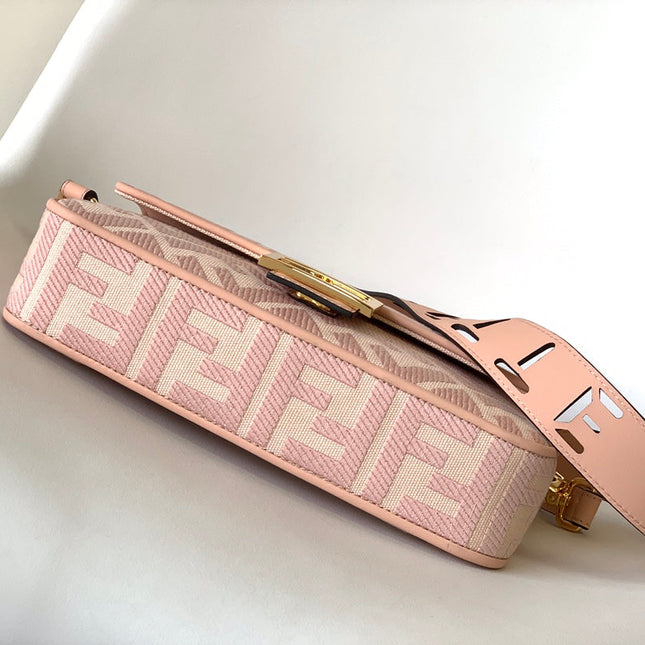 Fend Baguette Pink Canvas Bag 27 with FF Embroidery Ghw