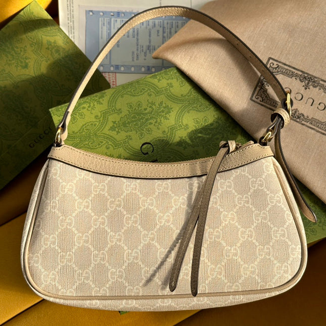 OPHIDIA GG SMALL 25 HANDBAG BEIGE AND WHITE SUPREME CANVAS