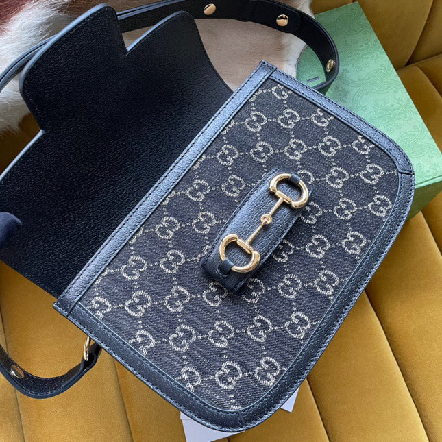 GG HORSEBIT 1955 SADDLE BAG 25 IN BLACK CANVAS AND CALFSKIN