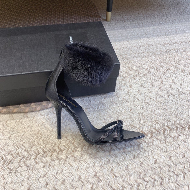 HIGH HEEL SANDAL IN BLACK POLISHED CALFSKIN AND MINK FUR