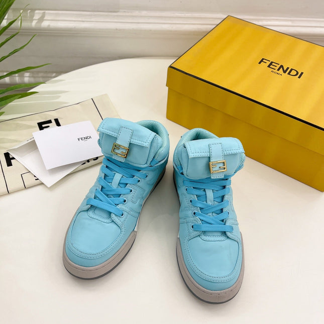 FENDI LOGO SOCK SNEAKER BOOTS IN SKY BLUE LAMBSKIN