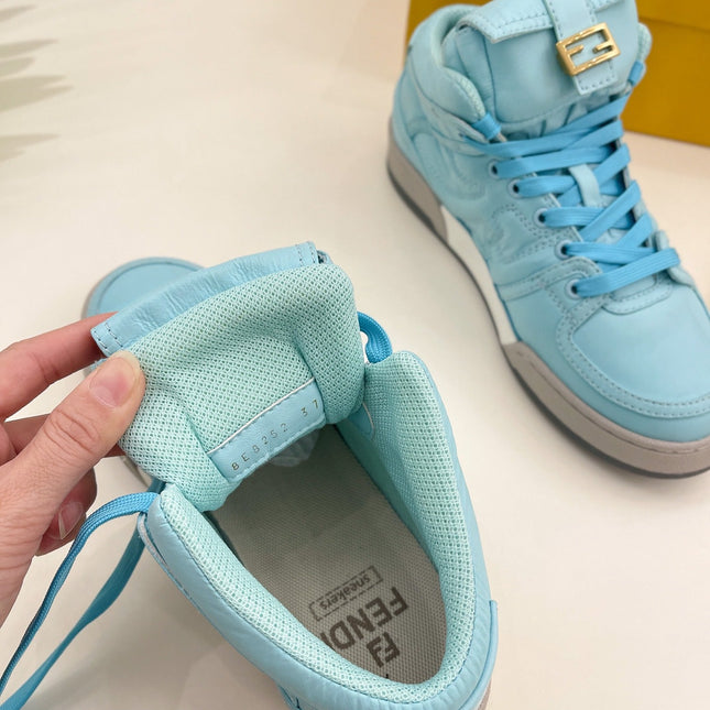 FENDI LOGO SOCK SNEAKER BOOTS IN SKY BLUE LAMBSKIN
