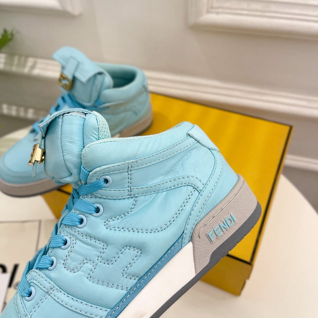 FENDI LOGO SOCK SNEAKER BOOTS IN SKY BLUE LAMBSKIN