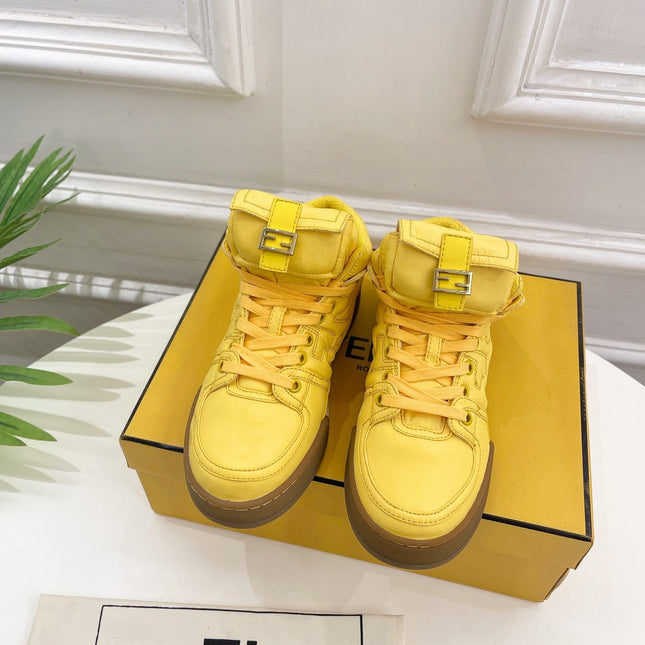 FENDI LOGO SOCK SNEAKER BOOTS IN CORN YELLOW LAMBSKIN