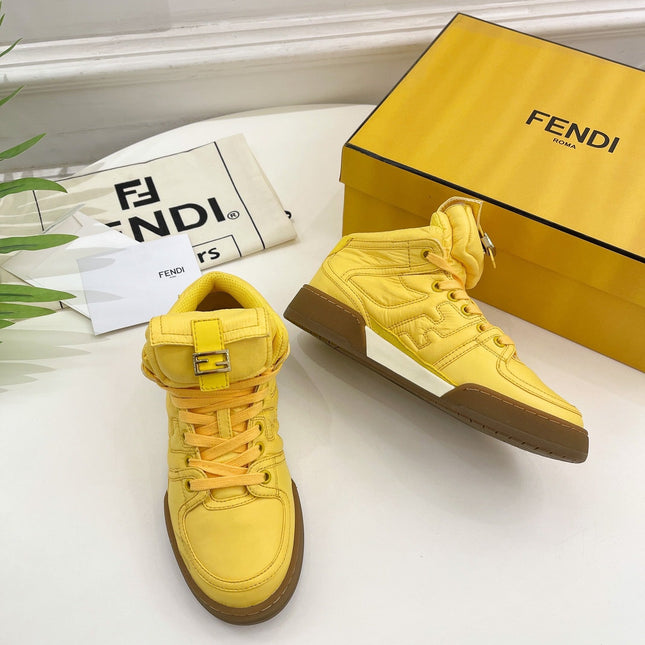 FENDI LOGO SOCK SNEAKER BOOTS IN CORN YELLOW LAMBSKIN