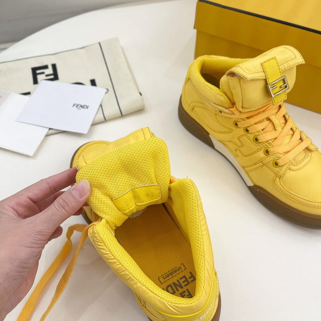 FENDI LOGO SOCK SNEAKER BOOTS IN CORN YELLOW LAMBSKIN