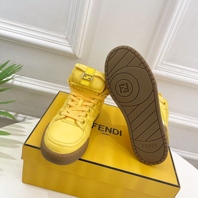 FENDI LOGO SOCK SNEAKER BOOTS IN CORN YELLOW LAMBSKIN