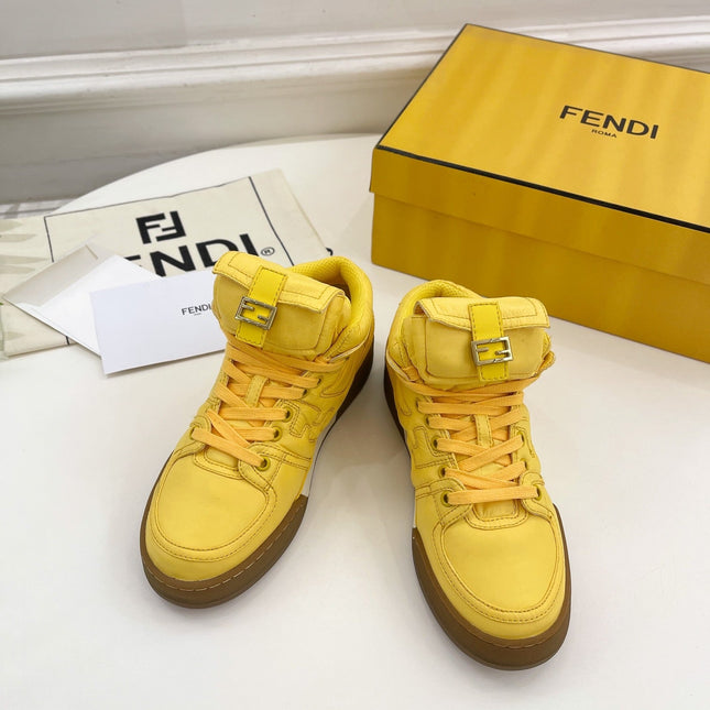 FENDI LOGO SOCK SNEAKER BOOTS IN CORN YELLOW LAMBSKIN