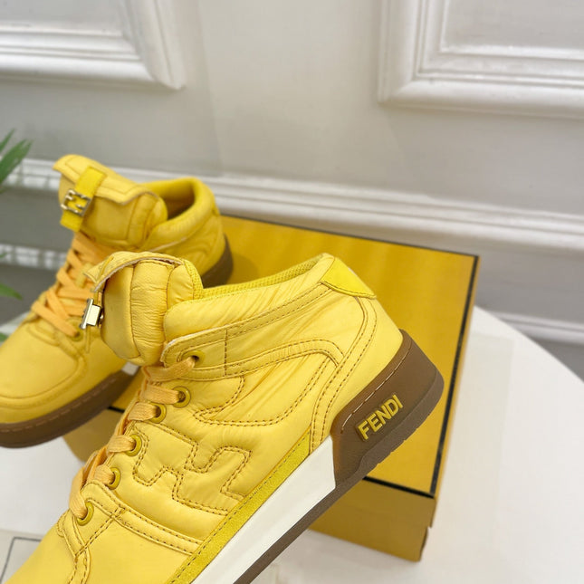 FENDI LOGO SOCK SNEAKER BOOTS IN CORN YELLOW LAMBSKIN