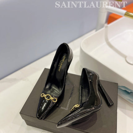 SL SILVANA CHAIN PUMPS GLOSSY BLACK CALFSKIN
