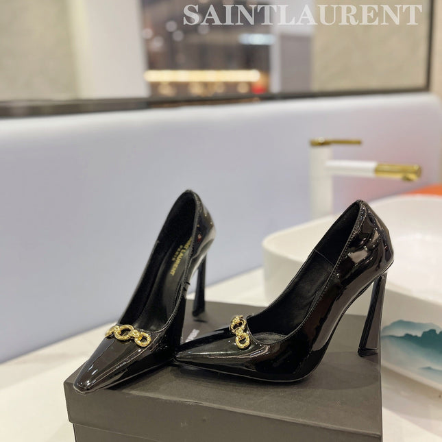 SL SILVANA CHAIN PUMPS GLOSSY BLACK CALFSKIN