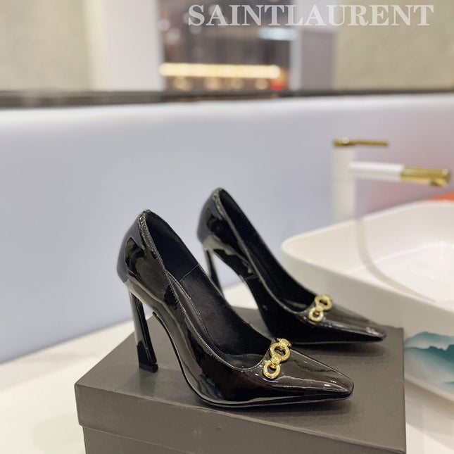 SL SILVANA CHAIN PUMPS GLOSSY BLACK CALFSKIN