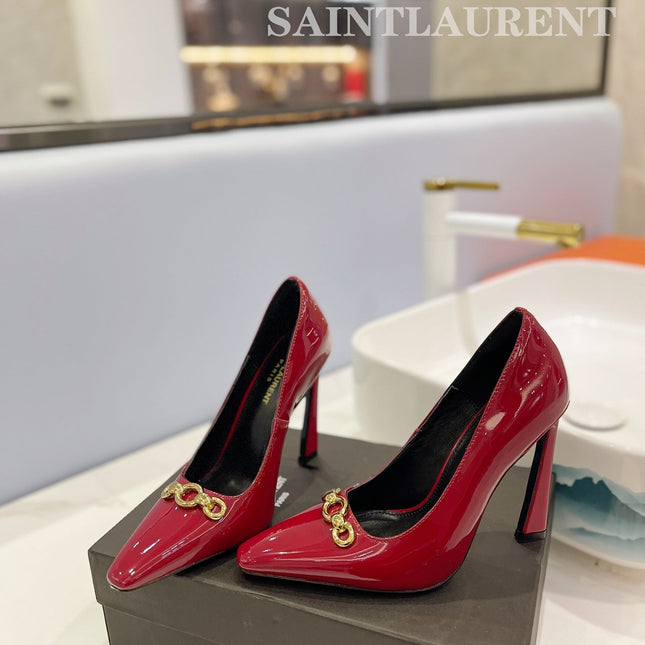 SL SILVANA CHAIN PUMPS GLOSSY RED CALFSKIN