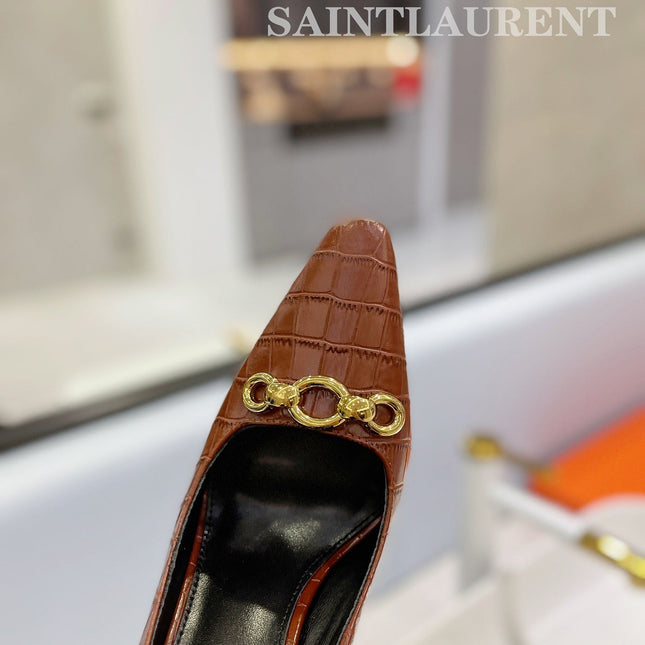 SL SILVANA CROCODILE MOTIF CHAIN PUMPS BROWN CALFSKIN