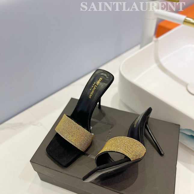 SL LUCKY GOLD CRYSTAL HIGH HEELS BLACK CALFSKIN