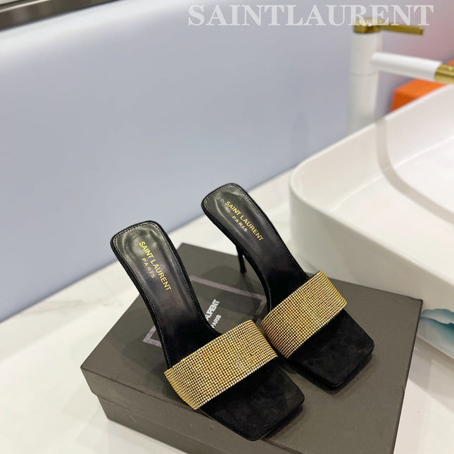 SL LUCKY GOLD CRYSTAL HIGH HEELS BLACK CALFSKIN