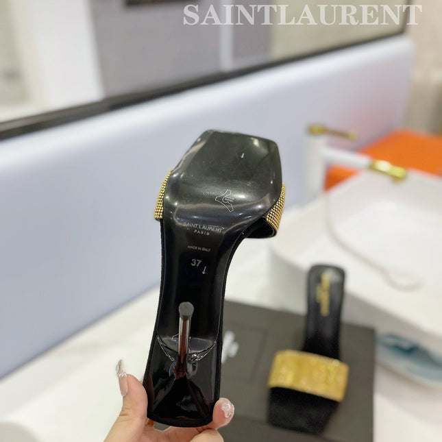 SL LUCKY GOLD CRYSTAL HIGH HEELS BLACK CALFSKIN