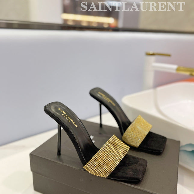 SL LUCKY GOLD CRYSTAL HIGH HEELS BLACK CALFSKIN