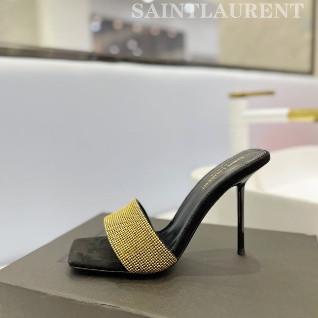 SL LUCKY GOLD CRYSTAL HIGH HEELS BLACK CALFSKIN