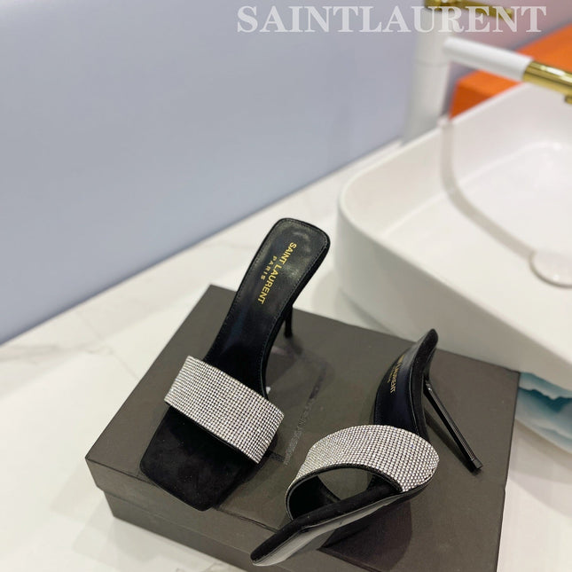 SL LUCKY WHITE CRYSTAL HIGH HEELS BLACK CALFSKIN