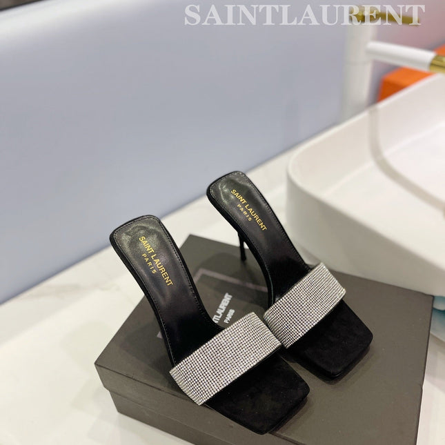 SL LUCKY WHITE CRYSTAL HIGH HEELS BLACK CALFSKIN