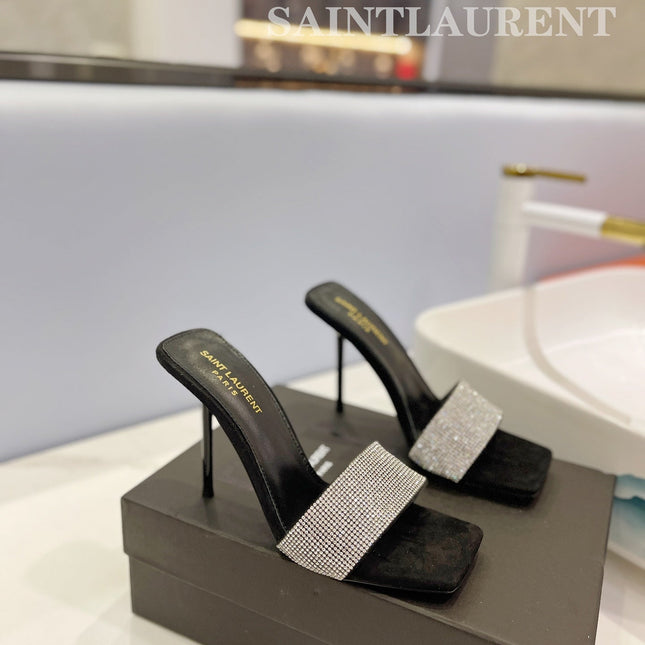 SL LUCKY WHITE CRYSTAL HIGH HEELS BLACK CALFSKIN