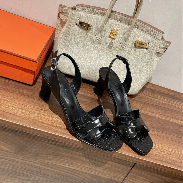 SLINGBACK ETERNITE 75 BLACK LAMBSKIN AND CROCODILE LEATHER