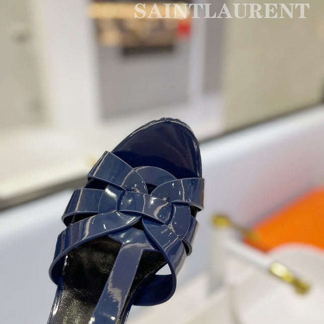 SL TRIBUTE POINED TOE SANDALS GLOSSY NAVY CALFSKIN