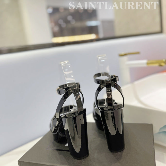 SL TRIBUTE FLATFORM SANDALS GLOSSY BLACK CALFSKIN