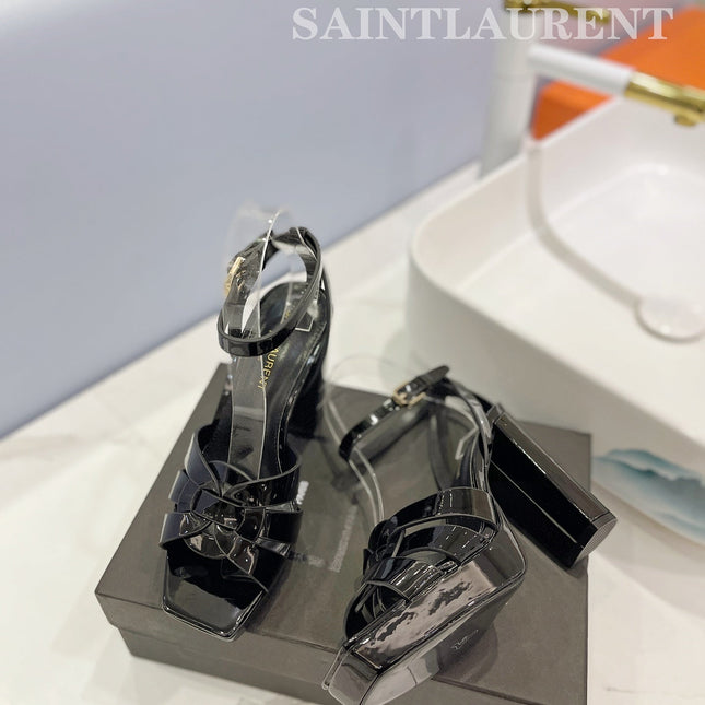 SL TRIBUTE FLATFORM SANDALS GLOSSY BLACK CALFSKIN