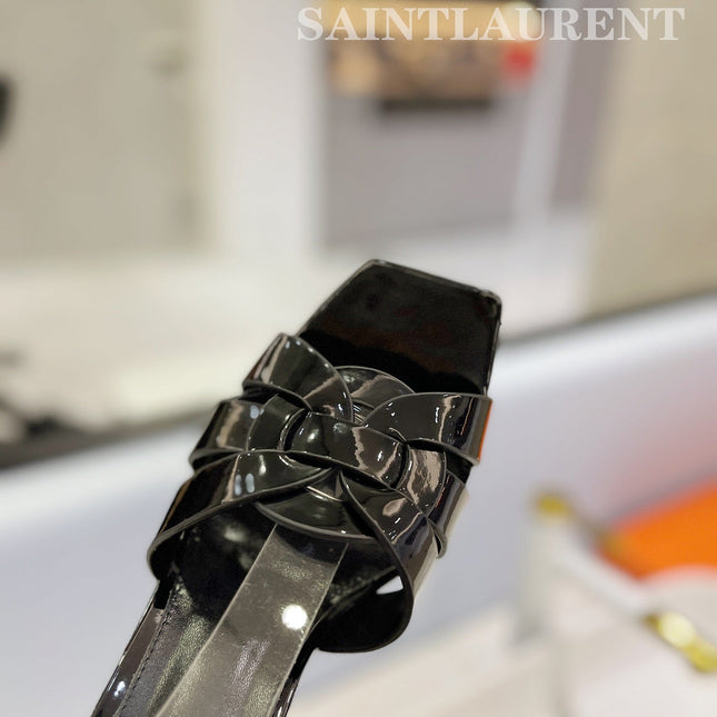 SL TRIBUTE FLATFORM SANDALS GLOSSY BLACK CALFSKIN