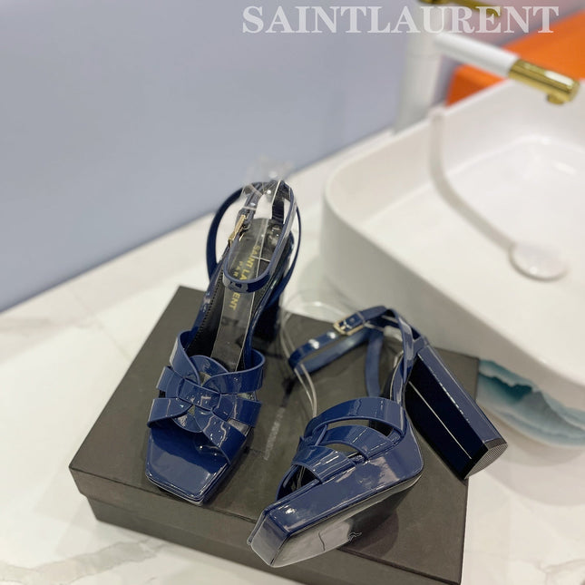 SL TRIBUTE FLATFORM SANDALS GLOSSY NAVY CALFSKIN