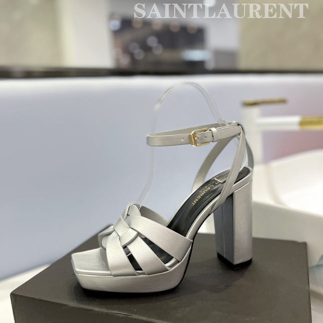 SL TRIBUTE FLATFORM SANDALS SILVER CALFSKIN