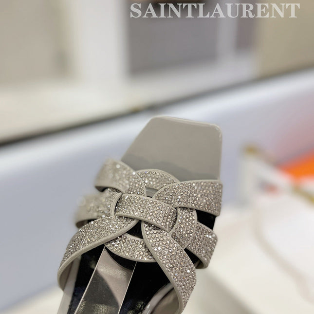 SL TRIBUTE CRYSTAL SANDALS LIGHT GRAY CALFSKIN