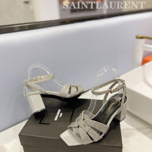 SL TRIBUTE CRYSTAL SANDALS LIGHT GRAY CALFSKIN