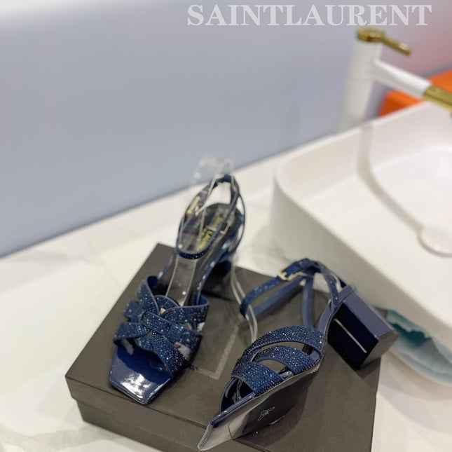 SL TRIBUTE CRYSTAL SANDALS GLOSSY NAVY CALFSKIN