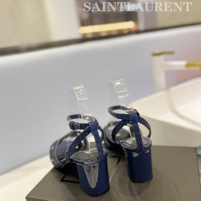 SL TRIBUTE CRYSTAL SANDALS GLOSSY NAVY CALFSKIN