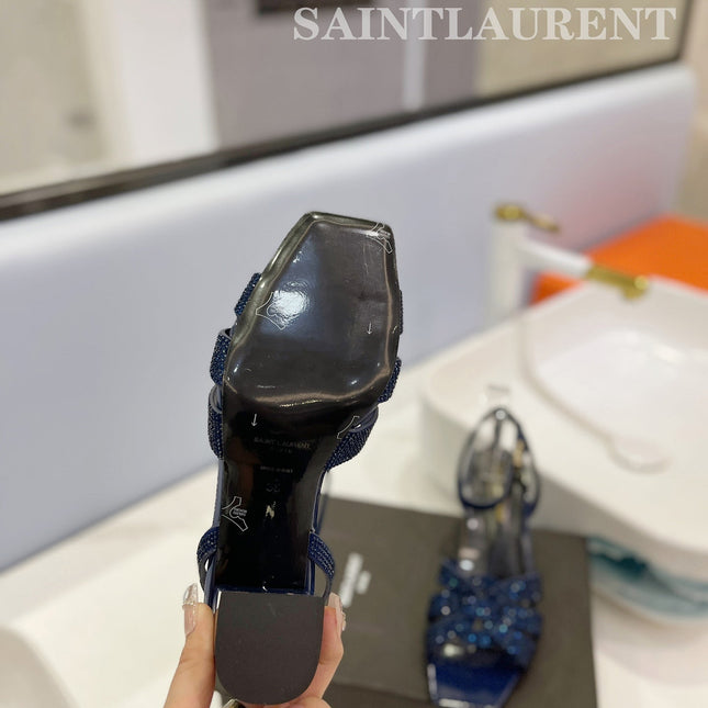 SL TRIBUTE CRYSTAL SANDALS GLOSSY NAVY CALFSKIN