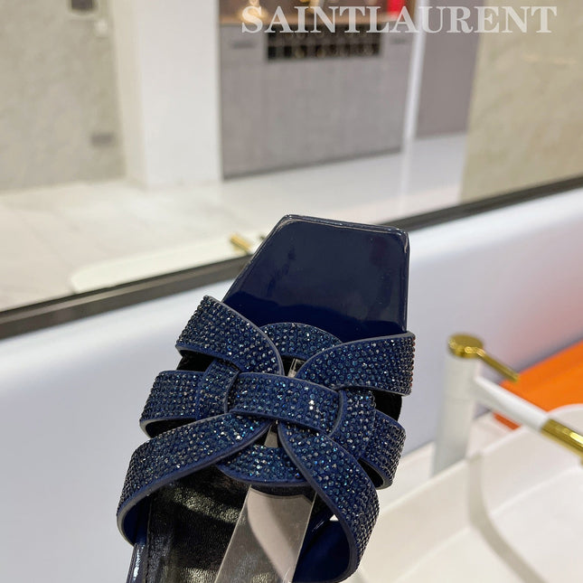 SL TRIBUTE CRYSTAL SANDALS GLOSSY NAVY CALFSKIN