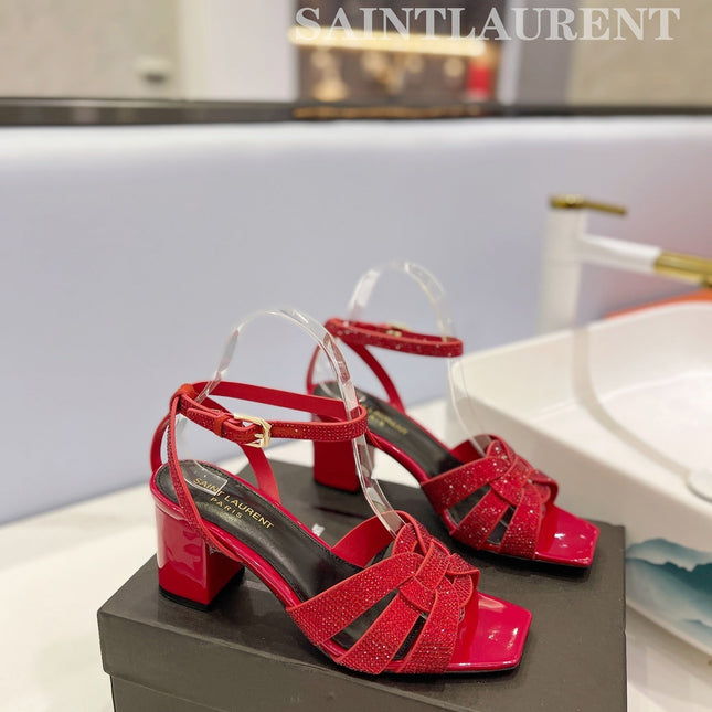 SL TRIBUTE CRYSTAL SANDALS GLOSSY RED CALFSKIN